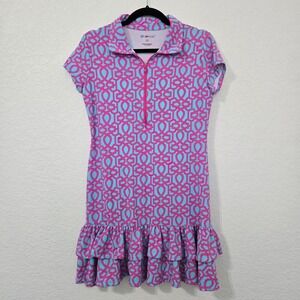 IBKUL Penny Godet Golf Dress Size M Pink Blue Geometric Ruffle Hem Short Sleeve